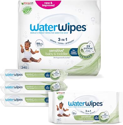 Toalhetes texturizados sem plástico waterwipes para crianças e bebês, contagem de 240 (pacote com 4), 99,9% à base de água, sem perfume para peles sensíveis