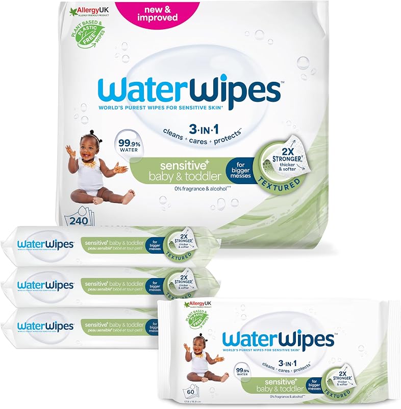 Toalhetes texturizados sem plástico waterwipes para crianças e bebês, contagem de 240 (pacote com 4), 99,9% à base de água, sem perfume para peles sensíveis