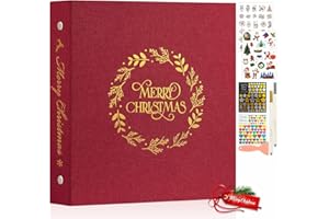 Lanpn Christmas Self Adhesive Photo Album, Linen Merry Chrismas Wreath Pattern Scrapbook DIY Memory Book, 60 Sticky Magnetic Pages Holds 4x6 5x7 A5 Picture for Xmas Holiday (Small-30 Sheets, Red)