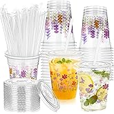 Vesici 100 Pcs Floral Plastic Cups 12 oz Floral Botanical Disposable Clear Drinking Cups with Lid and Straws for Spring Summer Birthday Wedding Bridal Baby Shower Party Supplies(Butterfly)