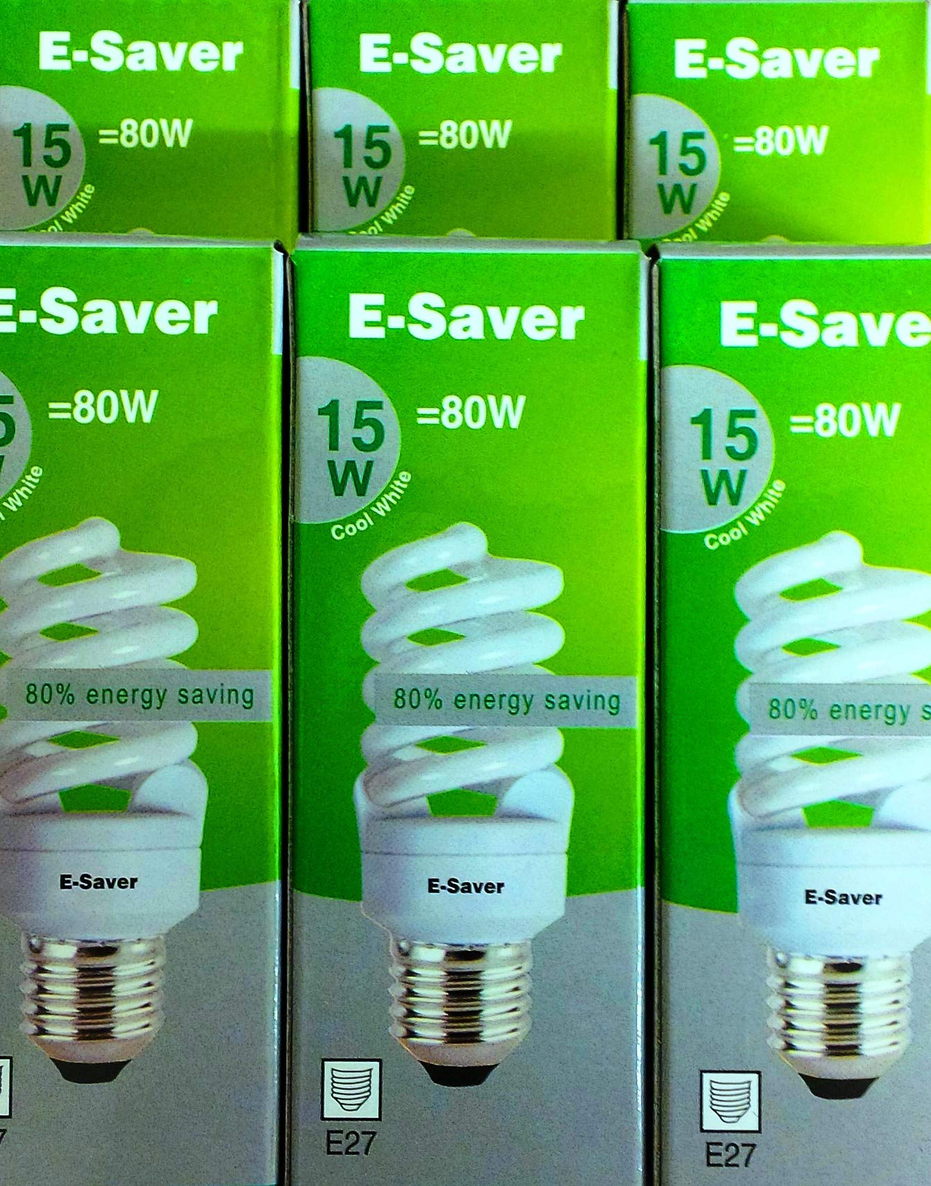 E-Saver - CFL Full Spiral - Energy Saving Light Bulbs -15w = 80 Watt - (Pack of 6) - 4200k Cool White Light Bulbs - Screw in Cap - Screw Edison (ES - E27 Bulb)