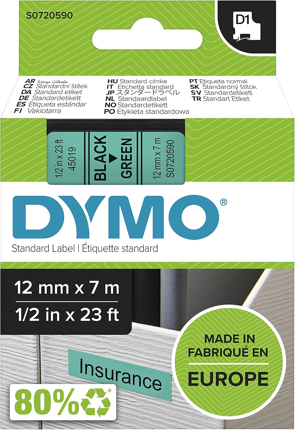 DYMO Authentic D1 Labels, black/green, 12 mm x 7 m
