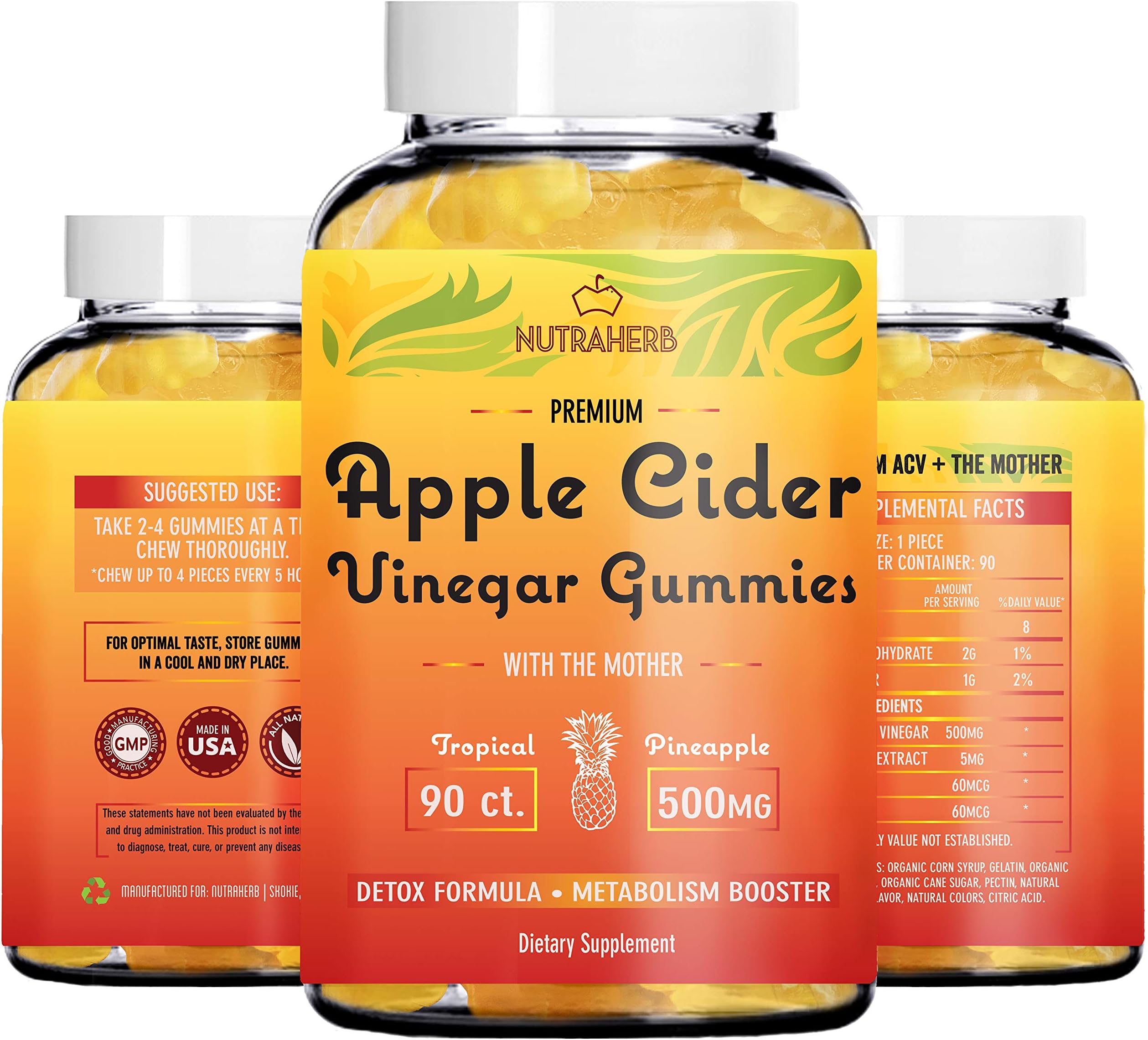 Apple Cider Vinegar Gummies with Pure, Raw, Organic ACV from The Mother - Fat Burner, Appetite Suppressant, Detox Cleanse, Weight Loss Support - Alternative to Diet Pills - Tropical Pineapple Flavor