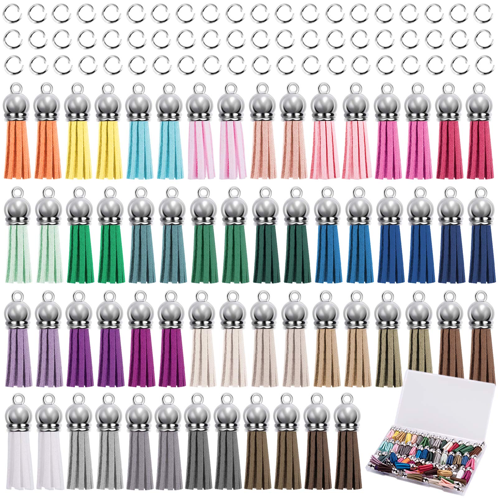 Duufin 120 Pieces Keychain Tassels Kit for Jewelry Making with 60 Pcs Leather Tassels Pendant and 60 Pcs Jump Rings for Crafts DIY Keychain Bracelets(Bonus: 1 Pc Plastic Storage Box)