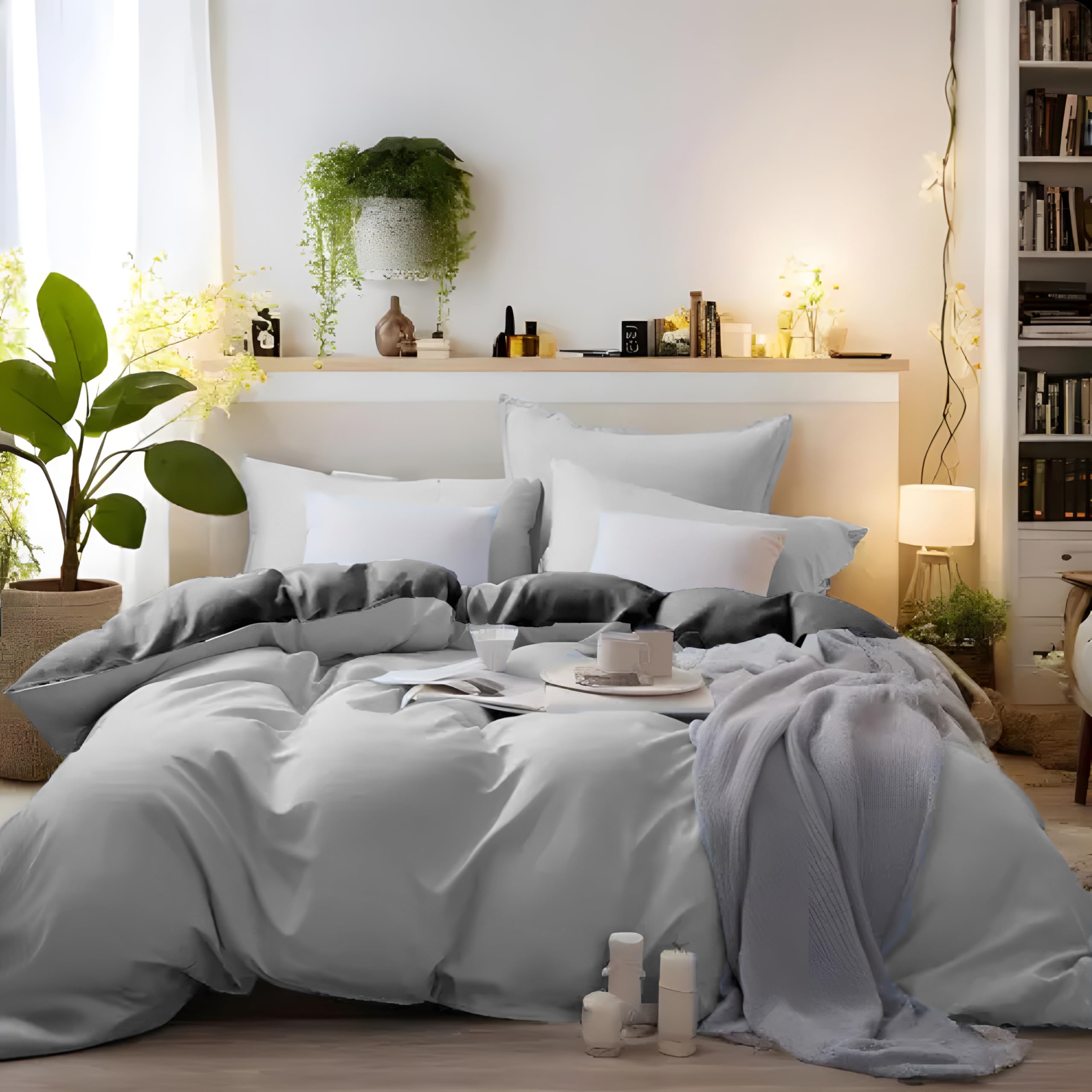 MOHAP Bedding Double Duvet Cover Set 3 PCS Plain Brushed Microfiber Bedding 1 Duvet Cover with 2 Zippers and 2 Pillowcases Dark Grey+Light Grey