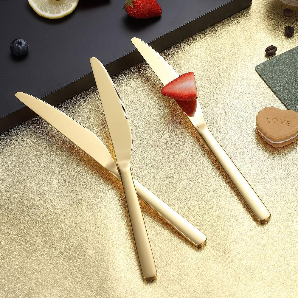  | Gold Dinner Knives 4 Pieces, Homquen Sturdy 9.25" Stainless Steel Modern Design Knife, Knifes Set With Round Edge Dishwasher Safe: Flatware Sets