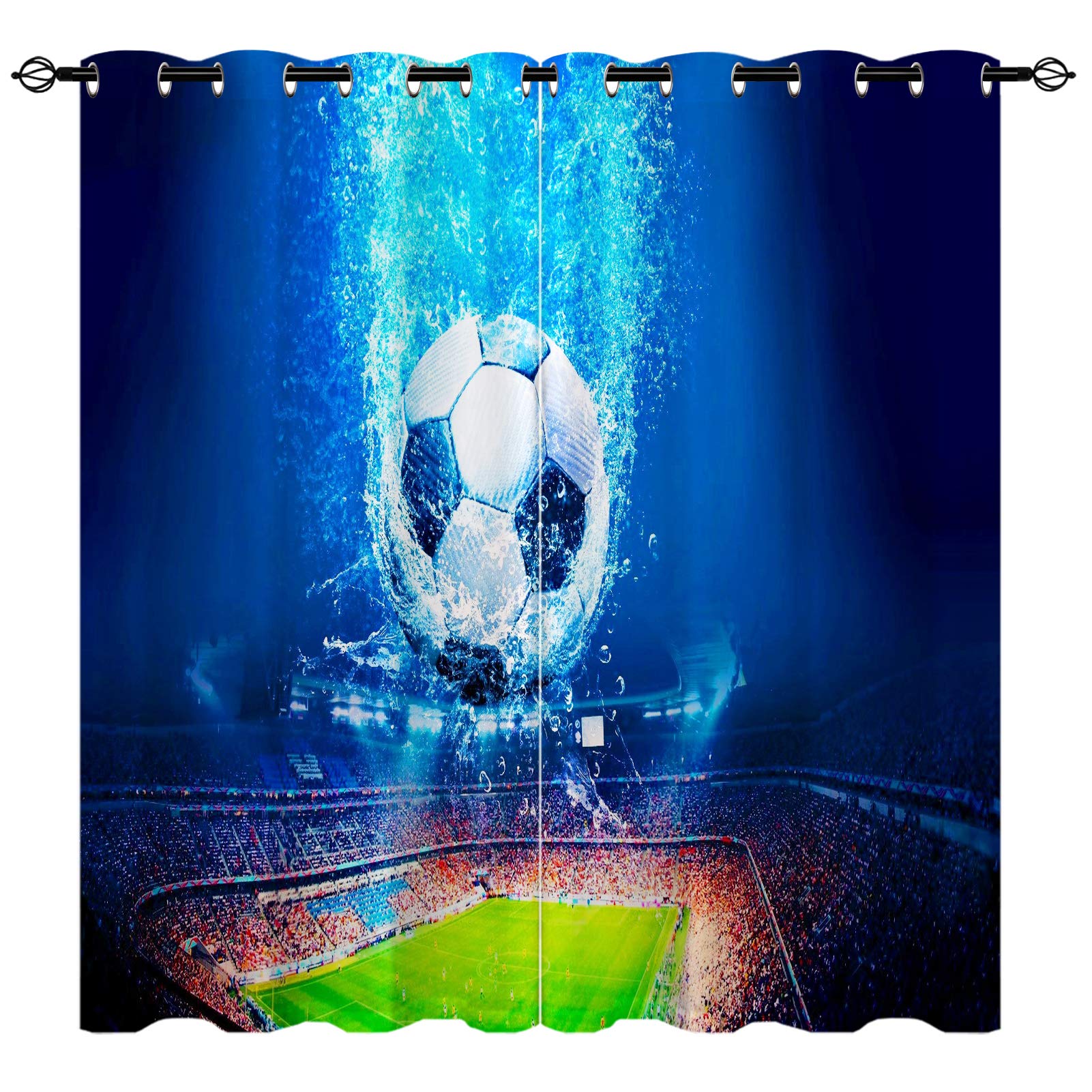 YUANZU Football Theme Curtains, Blue Sea Bottom Soccer Sports Field 3D Patterns Eyelet Thermal Insulated Printed Curtains for Kids Bedroom Playroom, Set of 2 Panels W117cm (46") x D137cm (54")