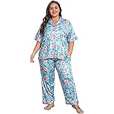 Vozanet Women's Pajamas Set Button Down Short Sleeve Shirt and Pants Soft Knit Polyester Lounge Sets Plus Size 1x to 5x