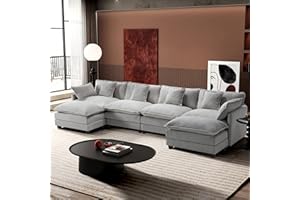 146" U-Shaped Modern Sofa Modular Sectional Cloud Couch with 2 Ottoman, 6-Seat Chenille Deep Seat Sofa with 6 Pillows for Liv