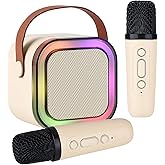 Hopjuery Karaoke Machine for Kids Adults, Mini Portable Bluetooth Karaoke Speaker with 2 Wireless Microphone and Lights,Toys for All Smartphones,Birthday, Family,Home Party Beige