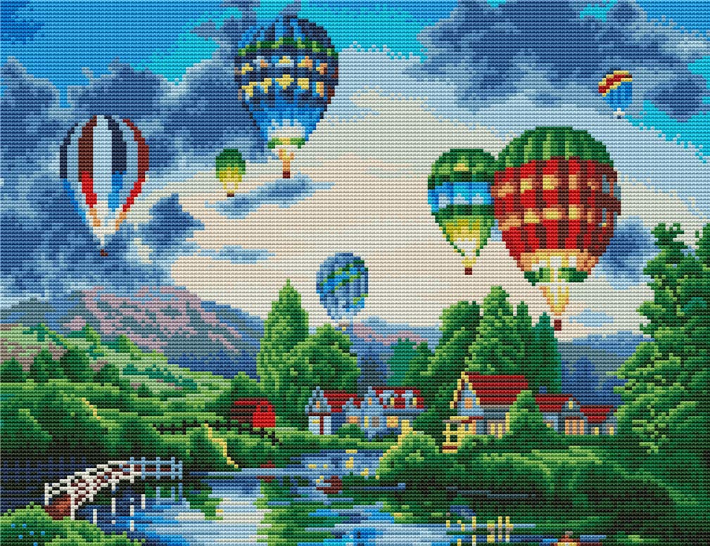 Abillyn Embroidery Cross Stitch Kits Countryside Scenery, Colorful Hot Air Balloon Stamped with Printed Pattern Starter Kit (Balloon)