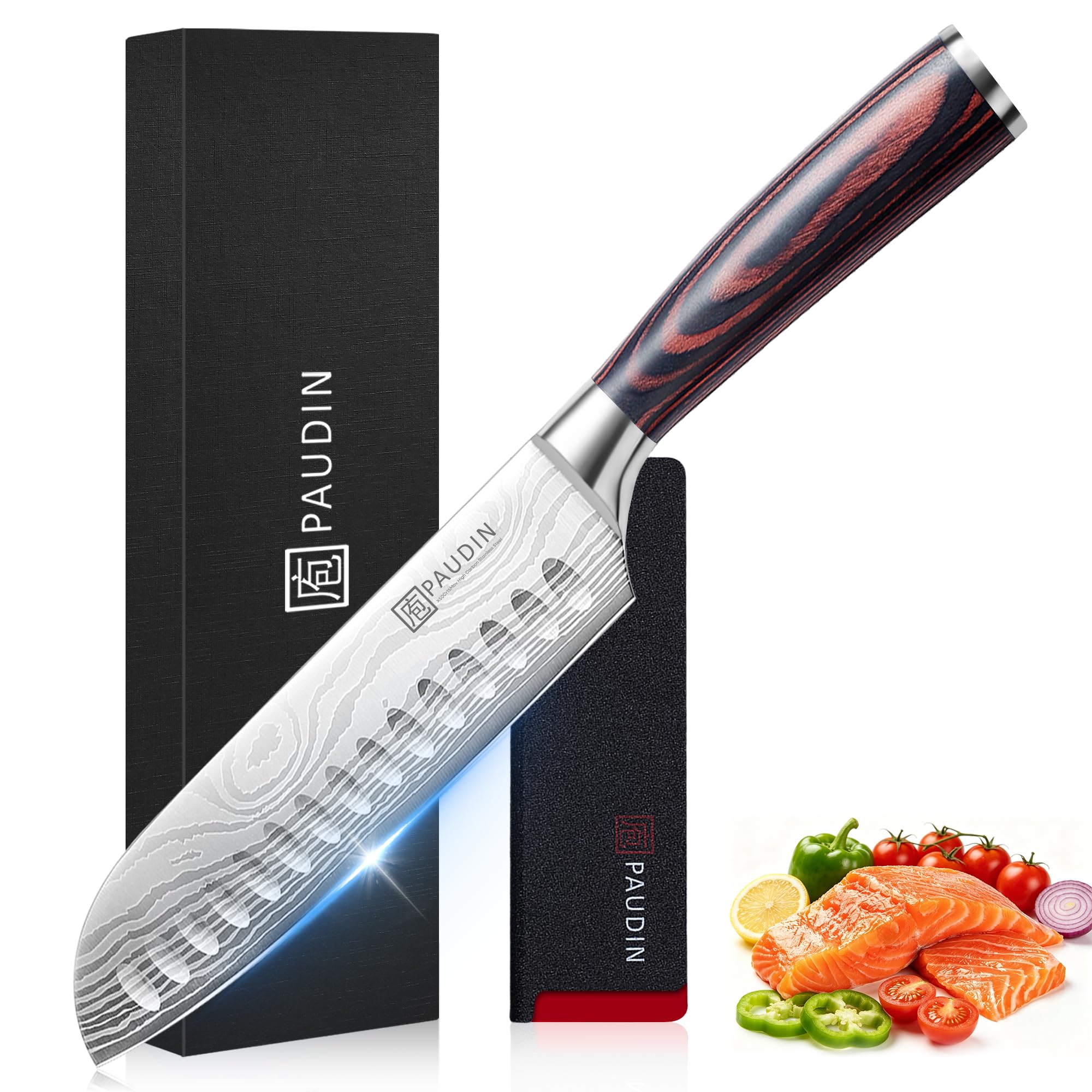 PAUDIN Santokumesser, Klingenlänge17 cm Kochmesser aus deutschem Messerstahl, Sushi Messer Küchenmesser mit ergonomischem Griff für Haus und Restaurant