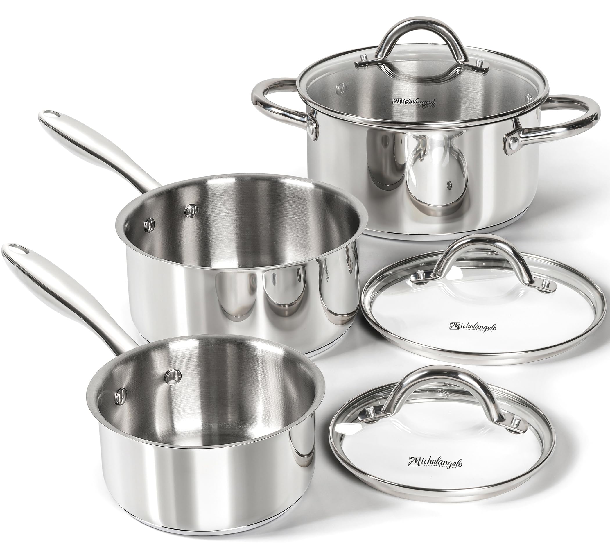 MICHELANGELO Saucepan Set 6pc, 18/10 Stainless Steel Saucepans with Lids, Tri-Ply Bottom, Dual Handle 3QT, Induction Compatible Sauce Pots, 1QT & 2QT & 3QT Image