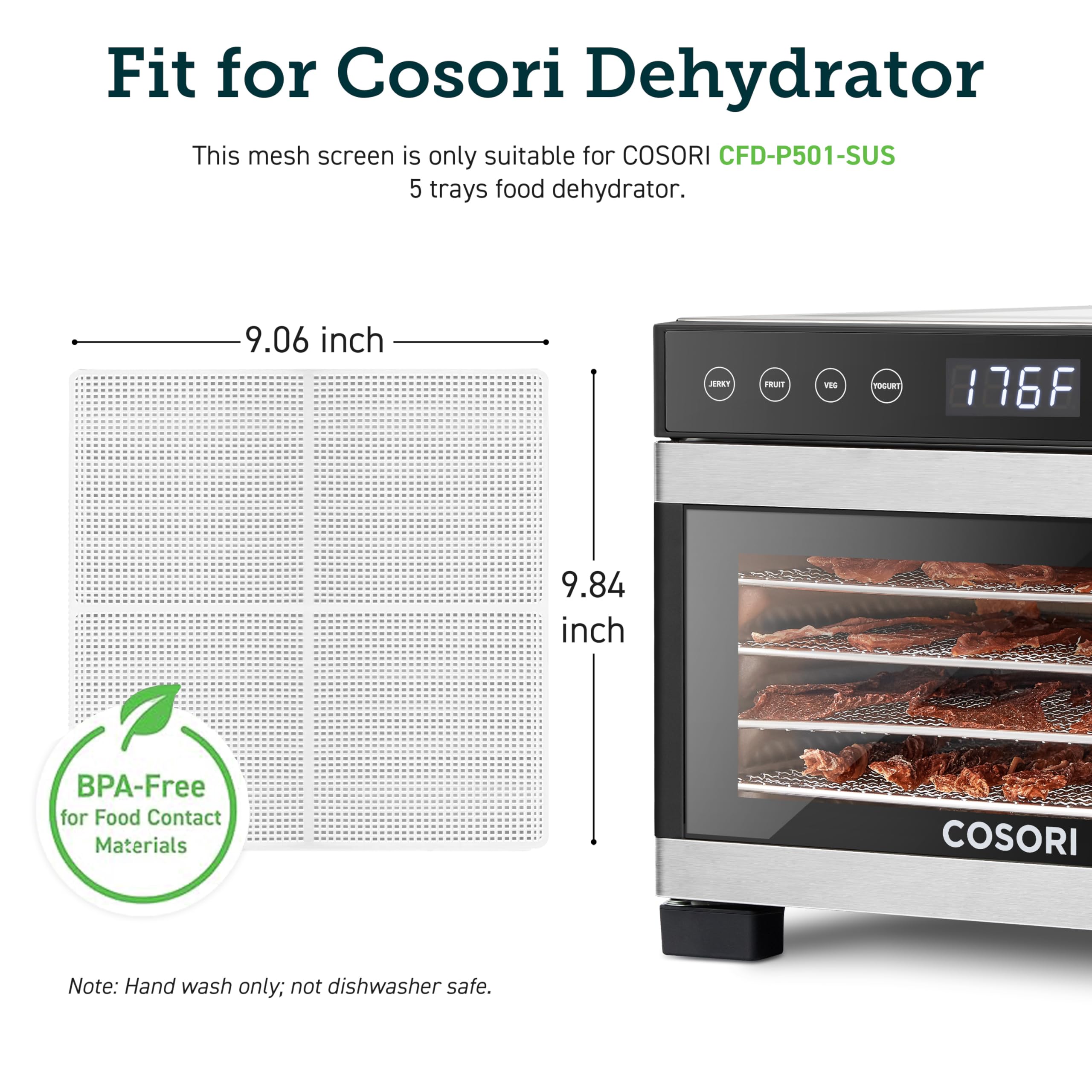 COSORI Food Dehydrator Accessories, Plastic Mesh Screens for 5 Trays CFD-P501-SUS and Other Models, BPA-Free, CRP-P501MS-WUS, 2 Pack