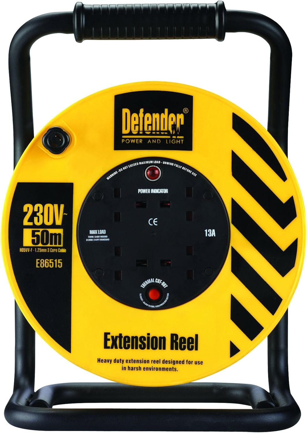 Defender Heavy Duty Reel 4-Way 50 m 230V 13A (E86515), Yellow, 50 m 1.25 mm
