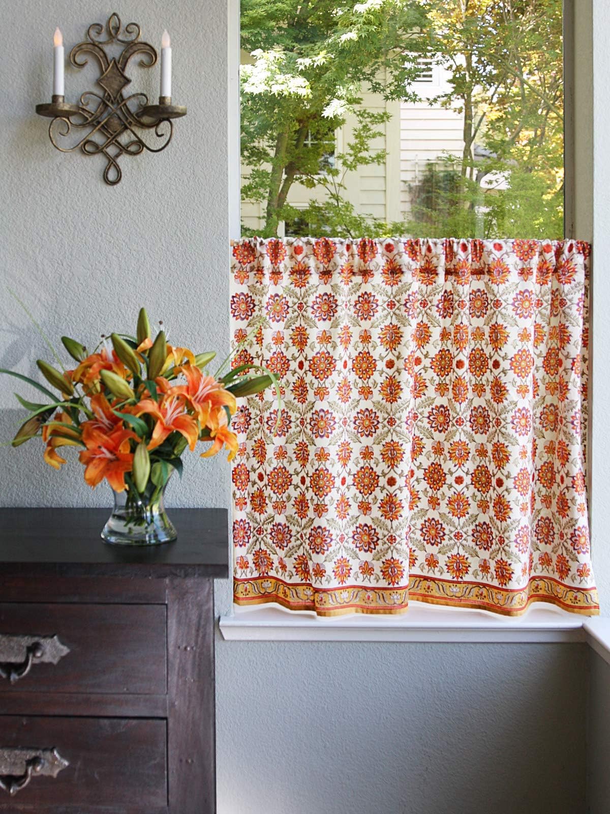 Saffron Marigold Orange Blossom Hand Printed Cotton Tier Curtains | Floral, Summer, Persian, Medallion, Sunflower Cafe Kitchen Curtains Window Treatment for Bathroom, Kitchen, Home Decor 44" x 36"
