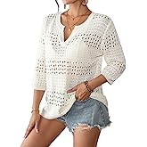 Bsubseach Crochet Tops for Women 3/4 Sleeve Swimsuit Coverup Knit Beach Cover Up Vacation Outfits Sweaters