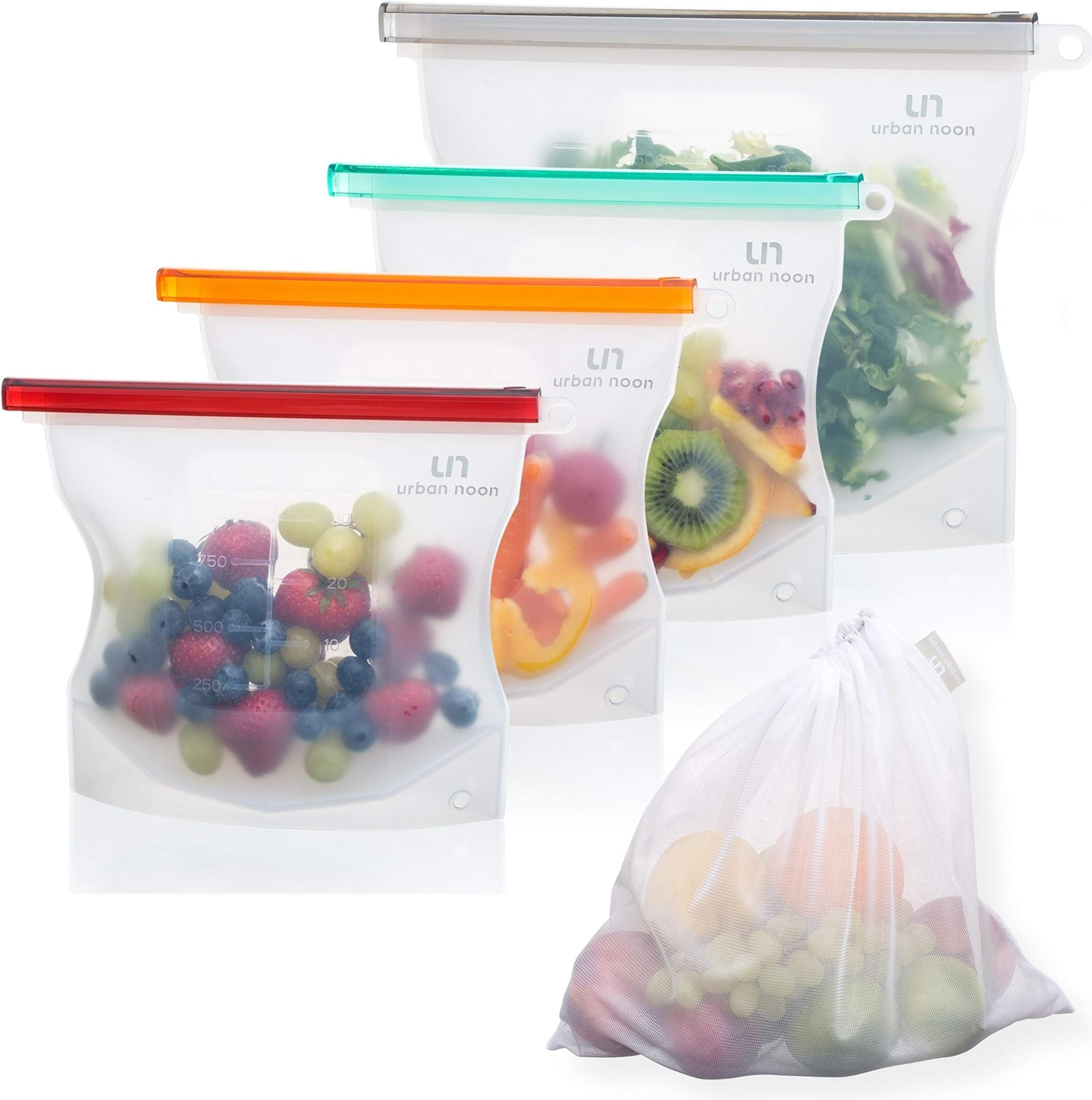 Reusable Silicone Food Storage Bags - Stand Up Ziploc Bag for Lunch, Liquid, Fruit, Sous Vide - Microwave, Freezer, Dishwasher Safe - Set of 4 + Produce Mesh Bags