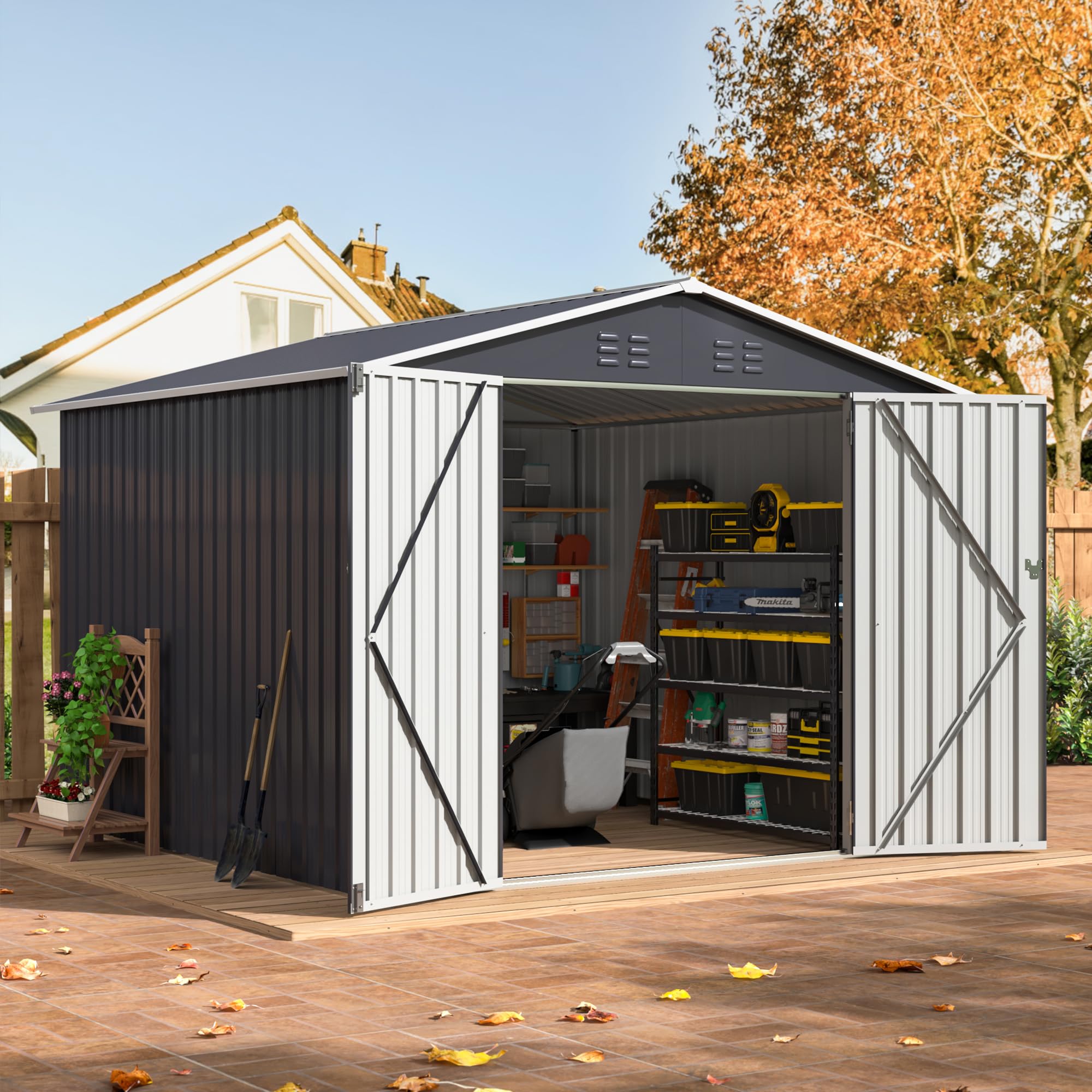 View 1 of WKM 8x8 FT Outdoor Storage Shed, Utility Metal Tool Storage with Lockable Doors and Updated Frame Structure, Large Metal Garden Shed for Backyard, Patio Lawn, Black