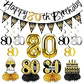 Guiruiy 13PCS 80th Birthday Decorations for Men Women, Black Gold Happy 80 Birthday Banner Centerpieces Swirls Balloons Kit Party Supplies, Eighty Years Old Bday Ceiling Table Topper Decor