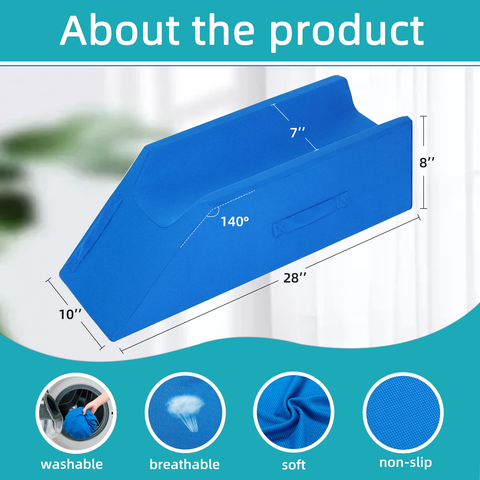 Fanwer Leg Elevation Pillows for After Surgery, Injuries, or Rest, Single Leg Wedge Pillow After Knee Replacement, Leg Support Pillows with 2 Handles, Washable Cover, Blue