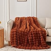 COOVA Faux Fur Throw Blanket for Couch, Cozy Soft and Fuzzy Plush Rabbit Fur Bubble Blanket for Sofa Bedroom Living Room, 50x60 Inches Brown