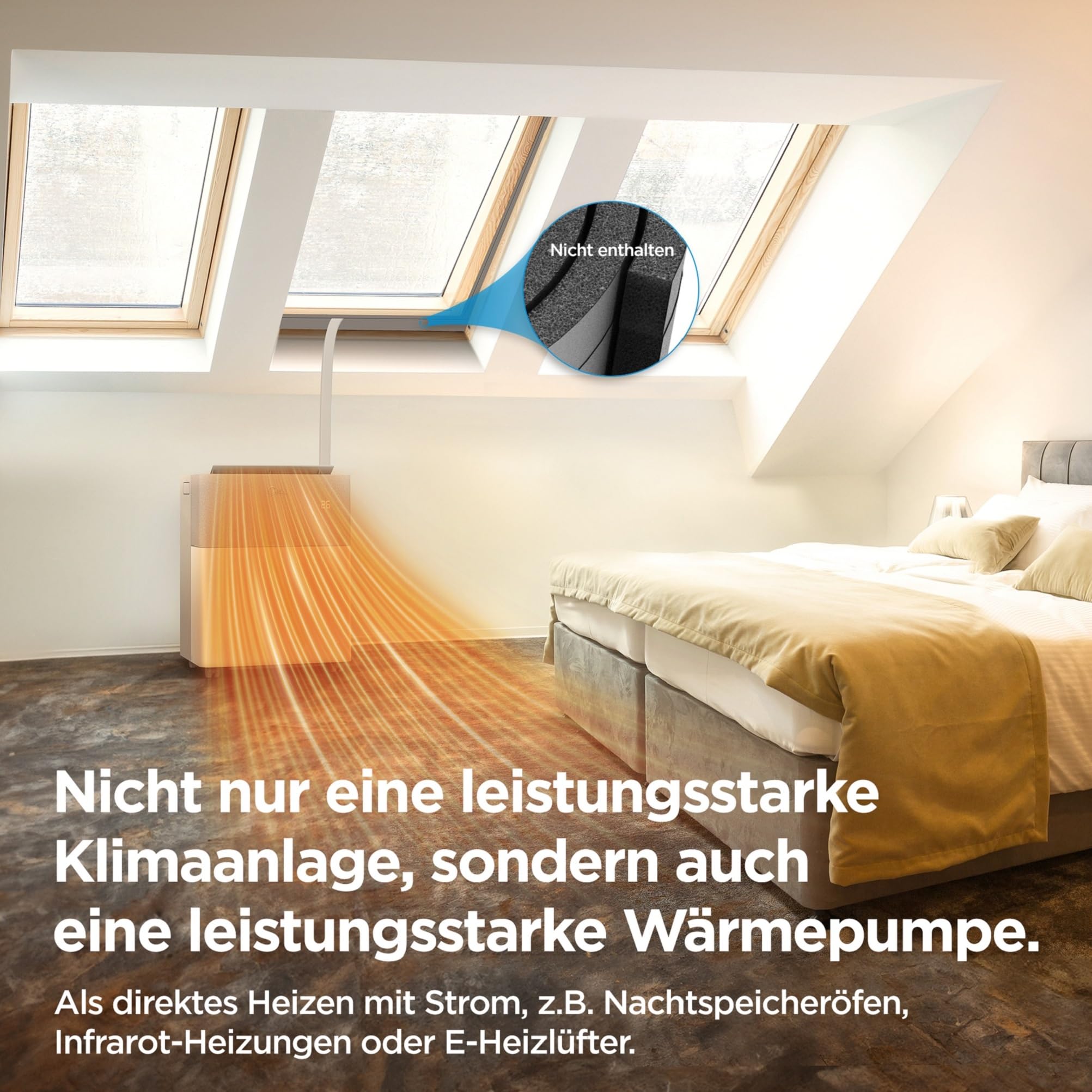 Midea Portasplit Mobile Wärmepumpe, Klimaanlage, Kühlen A++/Heizen A+, 12000 BTU 3, 5kW, für Räume bis zu 42 m² / 105 m³, nur 39 dB(A) im Silent-Modus 4