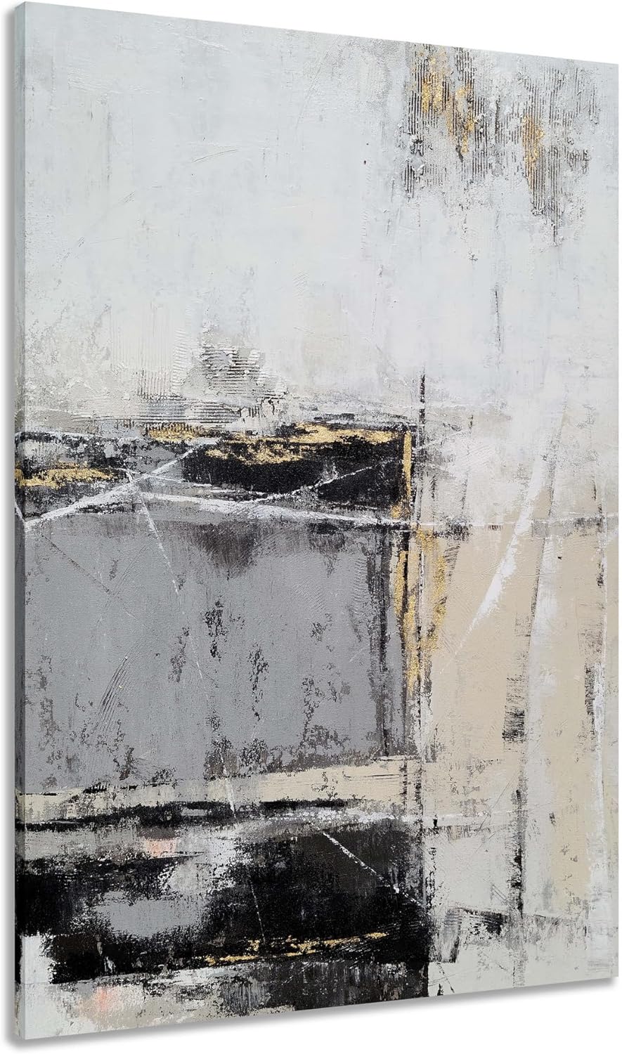 Paintings - Yihui Arts Hand Painted Vertical Canvas Wall Art - Abstract Painting in Black, Grey, and White with Gold Foil - Perfect for Hallway, Living Room, Bedroom, and Bathroom Decor
