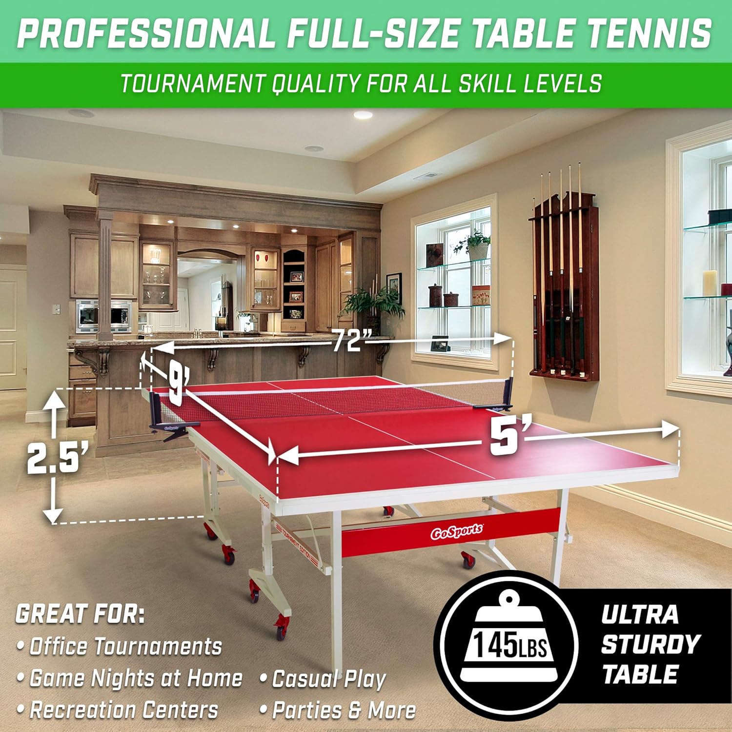 GoSports Indoor Tournament Table Tennis Set - Includes Full Size Tournament Table with Net, 2 Paddles, and 3 Balls with Carrying Case: Sports & Outdoors