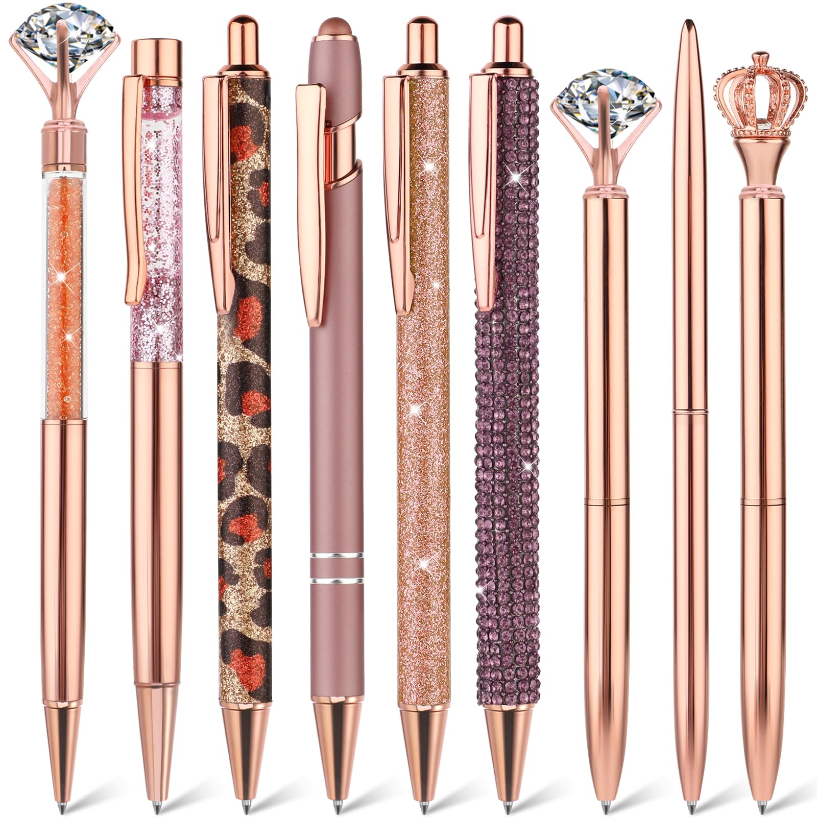 TIESOME 9 Pcs Ballpoint Pens, Metal Crystal Diamond Pen Liquid Sand Glitter Pen for Journaling Black Ink Pretty Cute Pens Fancy Pens Gifts for Women Girls School Wedding Office Supplies(Rose Gold)