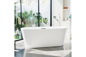 GARVEEHOME 59'' Freestanding Bathtub, Deep Soaking Tub for Adults, Stand Alone Tub with Integrated Overflow Drain, cUPC Certified Modern Bathroom Tub, Acrylic, White
