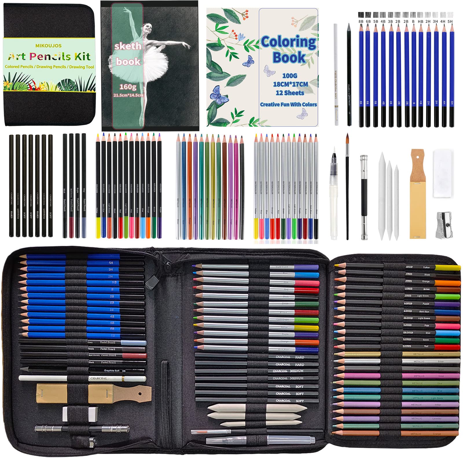 MIKOUJOS 72 pcs Drawing Set Sketch Kit,Drawing Pencils with Coloured Pencil, Sketchbook,Coloring Book,Art Supplies for Adults Artists