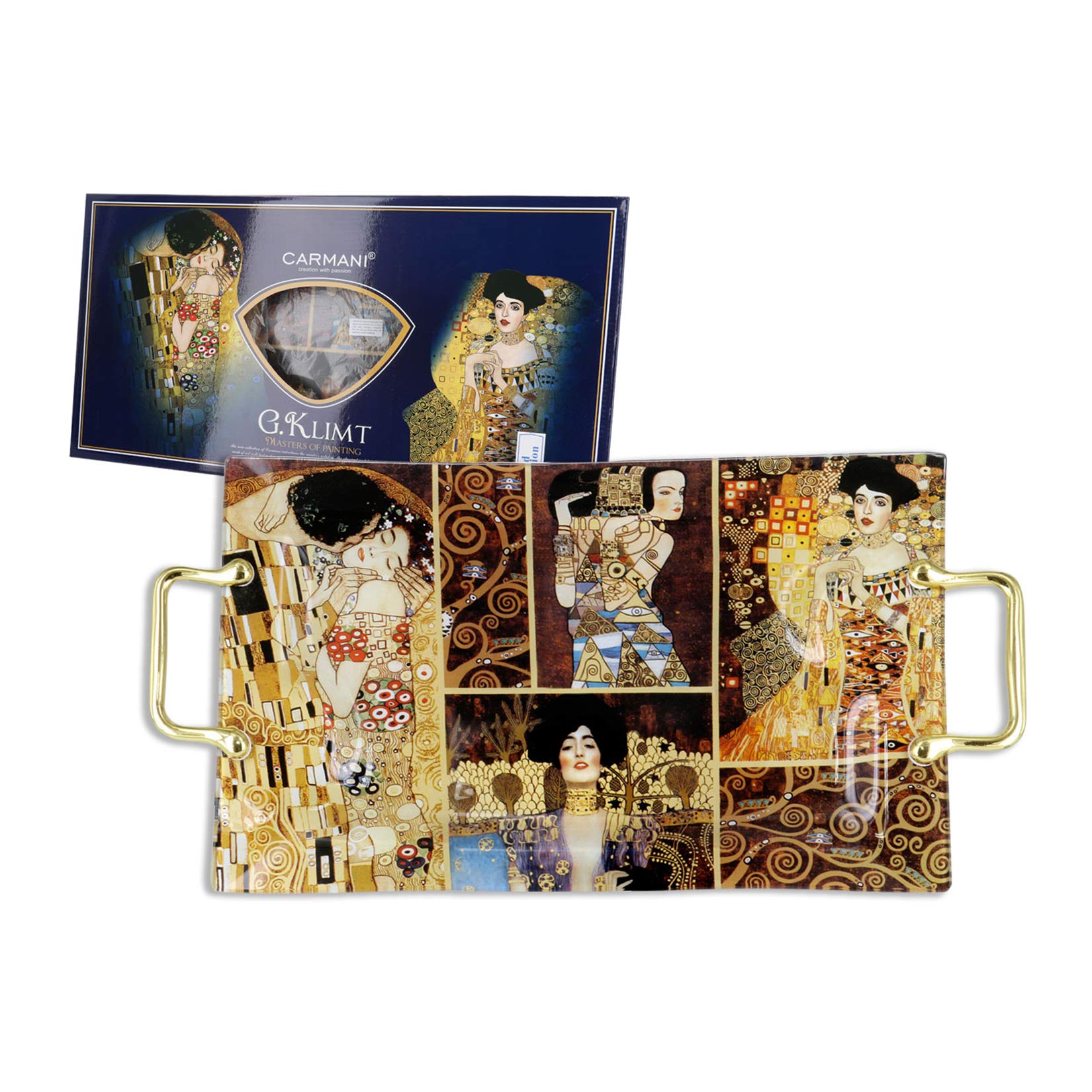 Carmani - Rectangular Glass Plate Tray with handle with Gustav Klimt 'The Kiss' painting 39.7x24.8cm