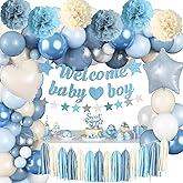 Dusty Blue Baby Shower Decorations for Boy, Welcome Baby Boy Banner Slate Light Metallic Blue White Sand Latex Balloons with Pom Poms Cake Topper Tassel for Boho Baby Shower Birthday Party Supplies
