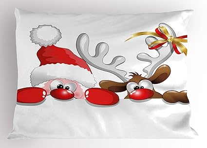 Ambesonne Christmas Pillow Sham Funny Christmas Santa Claus And Reindeer Peeking Cartoon Style Humor Decorative Standard Queen Size Printed