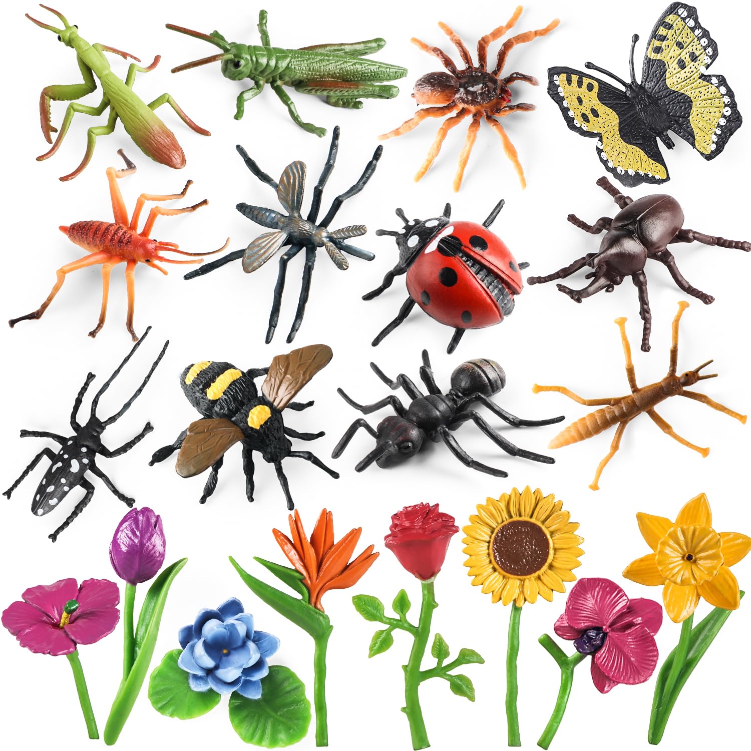 Insect Plant Figures Toys 20Pcs, Realistic Plastic Bugs Flower Figurines with Ladybug Bee Butterfly Ant Cricket Mantis Scorpion Spider-School Project Halloween Birthday Cake Decoration Party Favors — image 1
