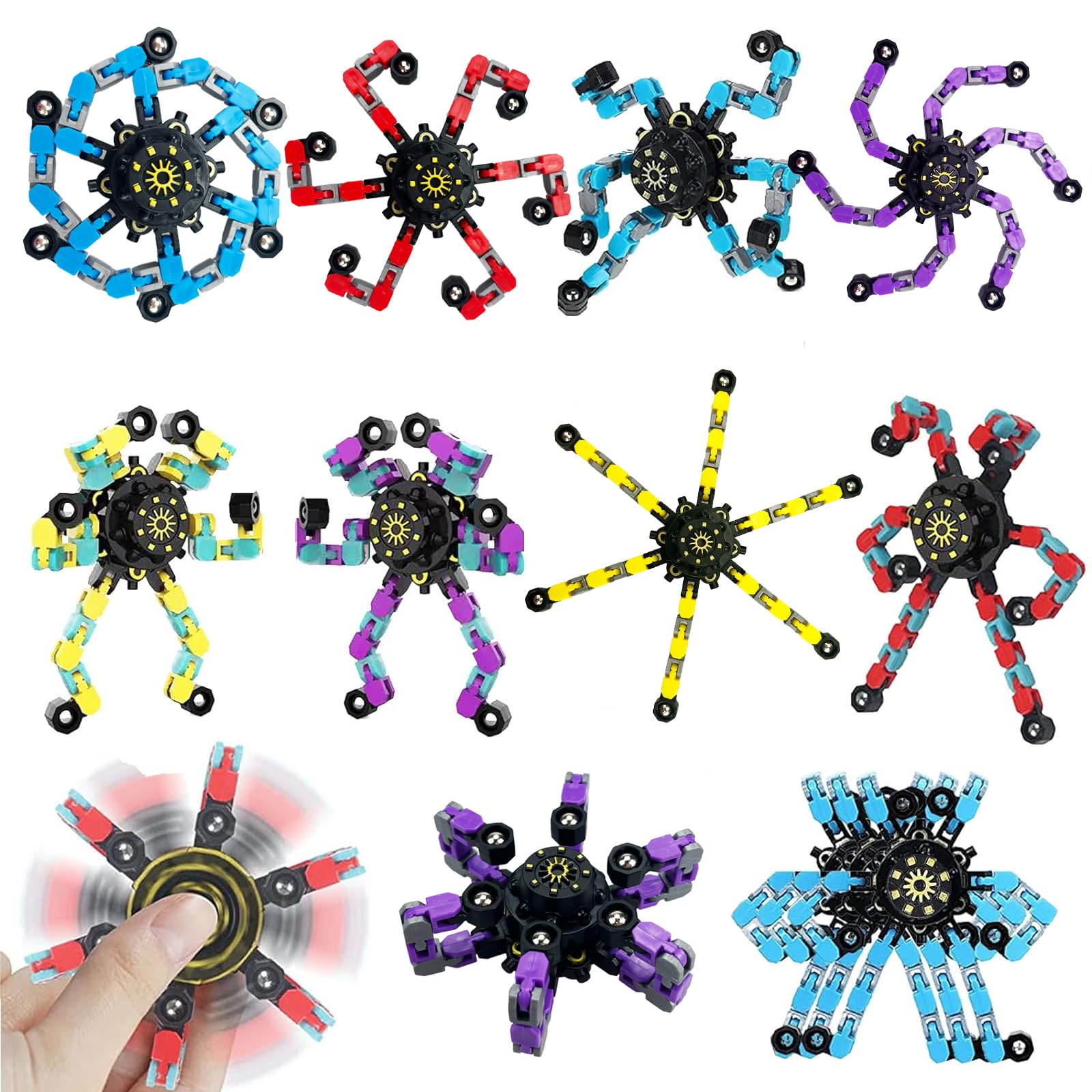 10PCS Transformable Fidget Spinner, Fidget Toys Bulk for Adults, Transformable Chain Robot Finger Toy DIY Deformation Robot Mechanical Spinners Stress Relief Fidget Toy for Teens Adults