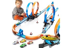 LILYBUDS Toy Car Track Gift Set for Boys Kids Age 3-5 4-7 8-12, Long Race Tracks with 4 Action Loops and 4 High-Speed Slot Die-Cast Race Cars, 35+ Pieces Race Tracks to Create Multiple Configurations