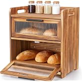 Bread Box for Kitchen Countertop, Large Wooden Breadbox with Cutting Board | Double Layer Bread Storage Container for Homemade Bread with Handles, Acrylic Window and Air Vents Keep Bread Fresh (Brown)