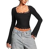 OZICERD Women Bell Long Sleeve Shirts Cute Going Out Top Lace Trim Square Neck Double Lined Fitted Basic Tops Y2k Tight Slim