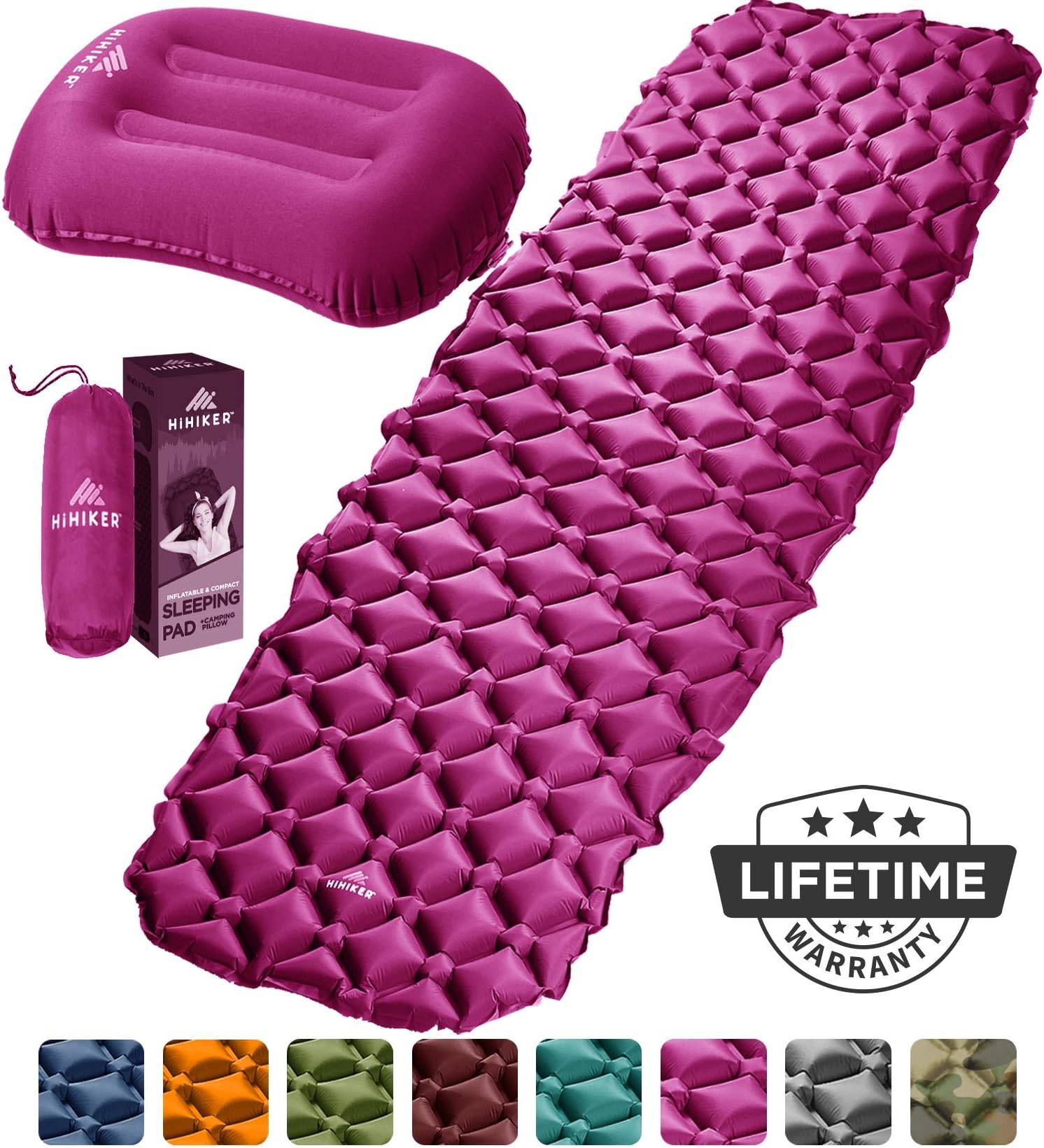 HiHiker Camping Sleeping Pad– Ultralight Backpacking Air Mattress w/Compact Carrying Bag –Sleeping Mat for Hiking Traveling & Outdoor Activities. (Hot Pink)