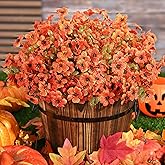 Fall Decor, Fake Mums, Fall Flowers, UV Resistant Artificial Mums for Outdoors, 12 Bundles Faux Mums for Outside, Fall Flower Plants Artificial for Decoration For Home Porch Thanksgiving,Orange Green