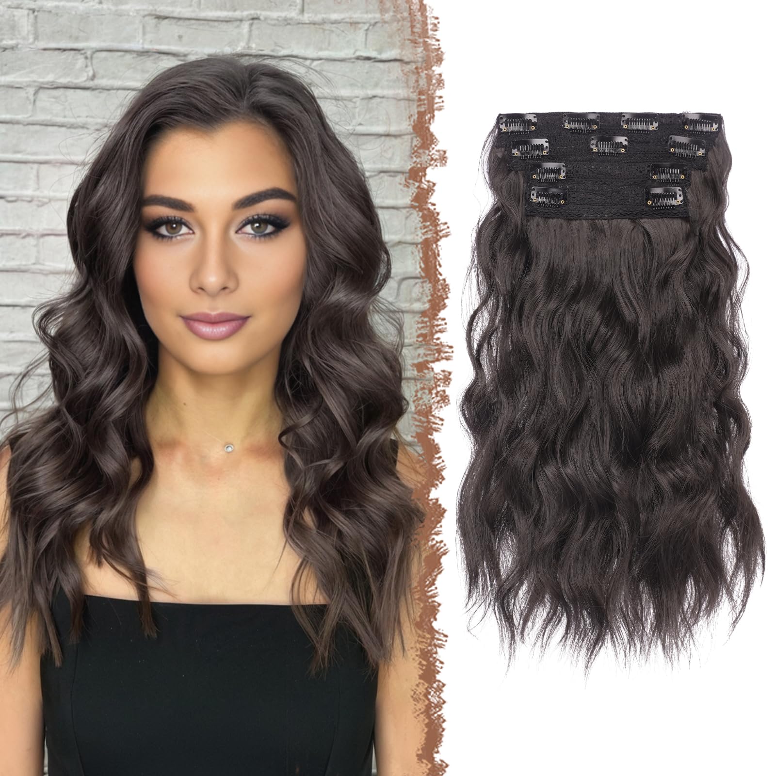FESHFEN Clip in Hair Extensions 4PCs Long Wavy Thick Hair Piece Highlighted Full Head Synthetic Natural Curly Natural Black Extension for Women, 16 Inch โ image 1