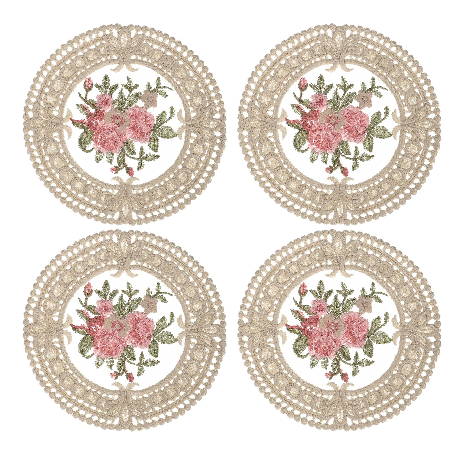 uxcell Fabric Coasters, 4pcs 4.7" - Polyester Crochet Coasters, Round Lace Embroidery Cup Mat with Floral Pattern for Wedding Party Decoration (Gray Camel)