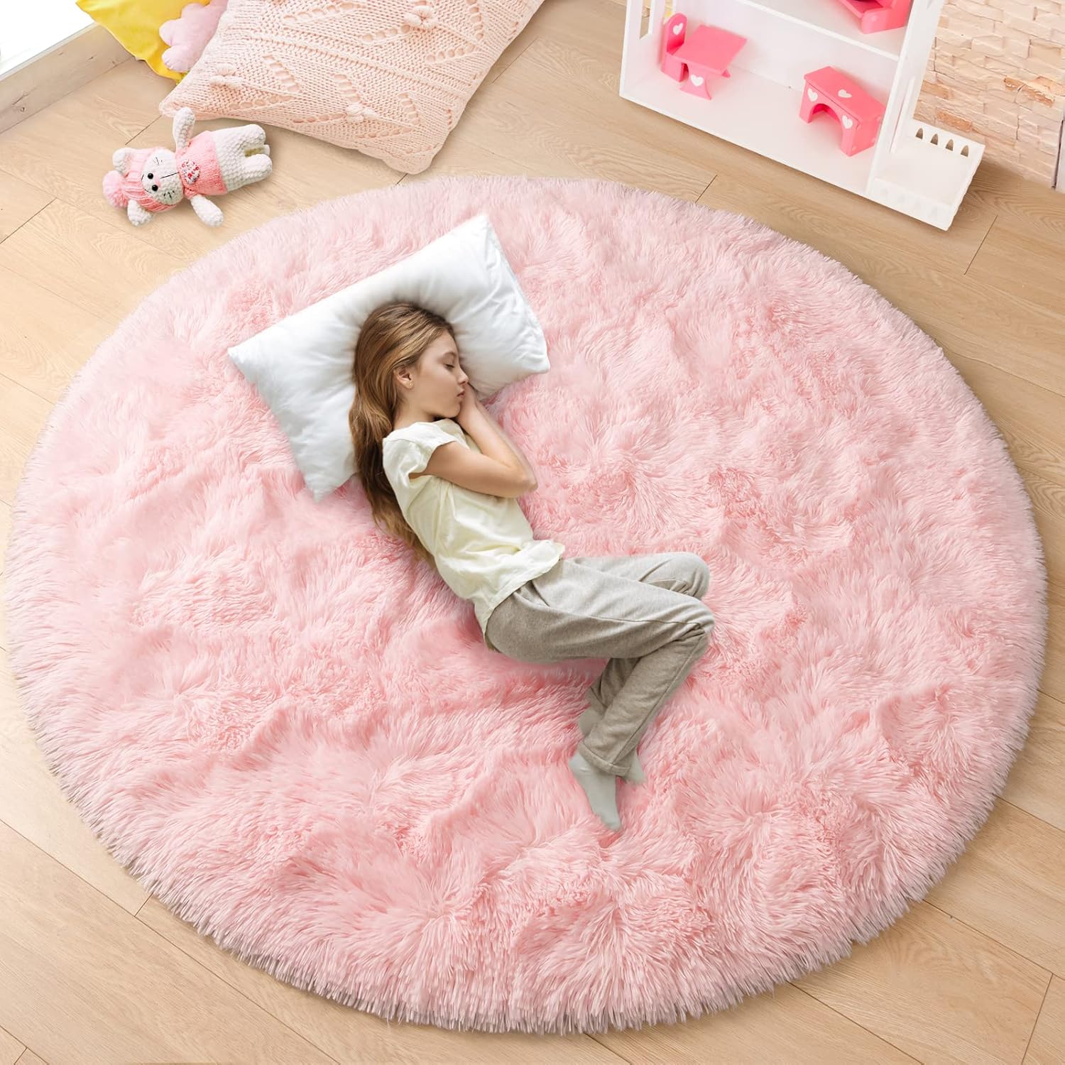Rugs, Pads & Protectors - junovo Pink Round Rug 4x4 Feet Fluffy Soft Area Rugs for Kids Girls Room Princess Castle Plush Shaggy Carpet Cute Circle Nursery Rug for Girls Bedroom Baby Home Decor Circular Carpet