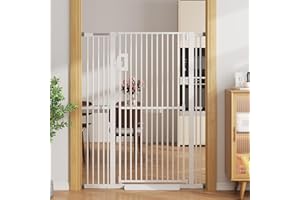 Jekriuet 57" Extra Tall Pet Gate, Auto Close Dog Door Pressure Mounted No Drilling for Doorways, Hallways, Stairs, Expandable 27.5"-38.5" Wide, Narrow 1.18" Spacing for Small Dogs & Puppies, White