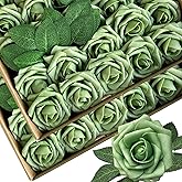 50pcs Artificial Flowers Elf Green Foam Fake Rose with Stems 12 Leaves Real Looking Light Green Faux Roses for Wedding Bouquets Bridal Shower Centerpieces Arrangements Party Tables Decorations DIY