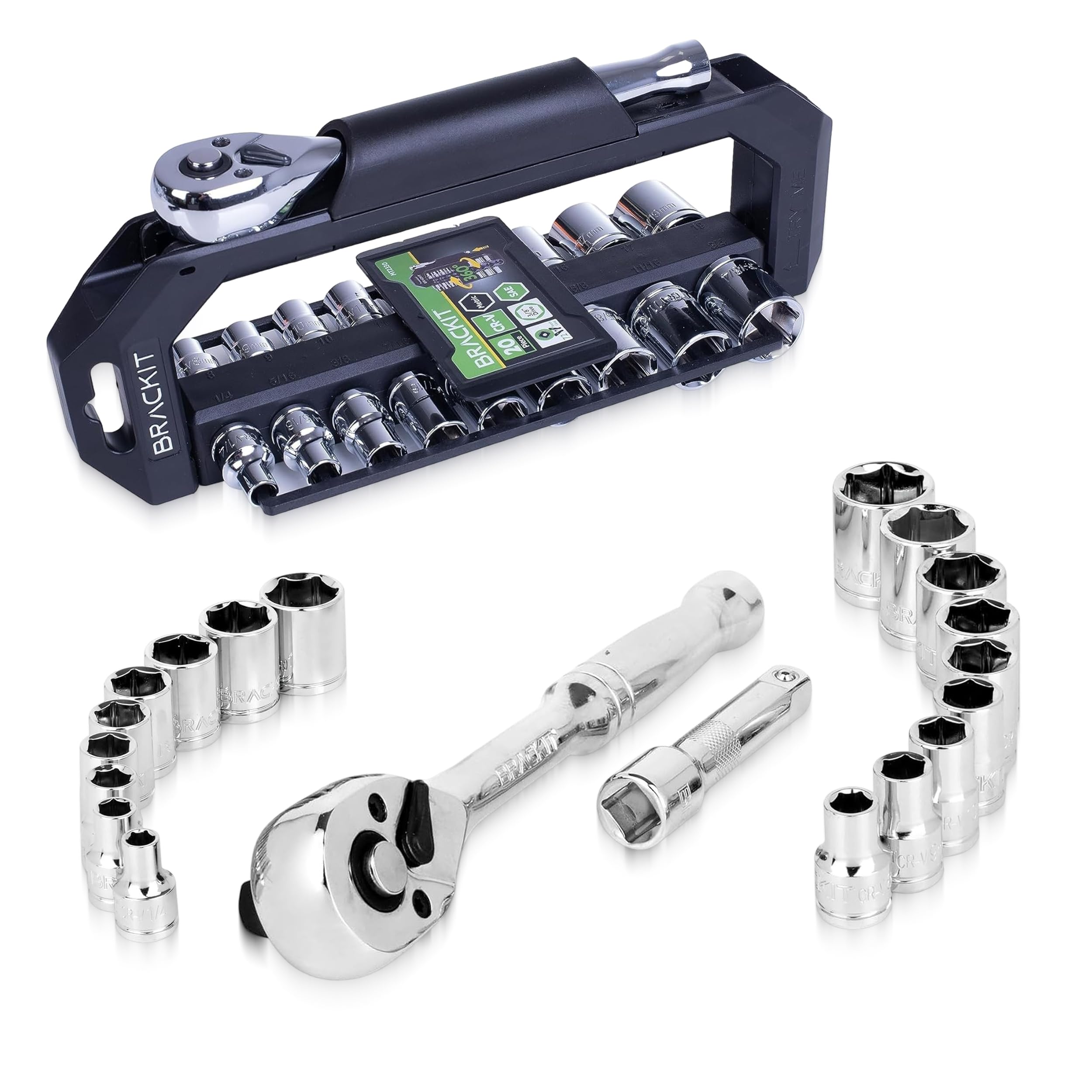 brackit 20-Piece Heavy Duty Socket Set, 3/8 Drive Socket Set with Reversible Ratchet, Quick-Release Button, Extension Bar & 360° Rotating Head, Professional Socket Wrench Set for Automotive & DIY