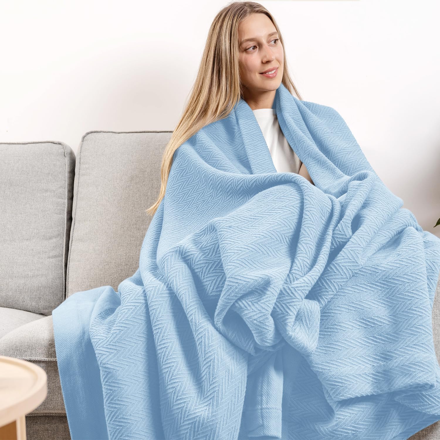 Photo 1 of Carressa Linen Pure Cotton, Luxury Twin Size Light Blue Blanket Herringbone Pattern, Lightweight, Soft & Cozy Premium Fall Bed Throw Blanket for All Seasons, 350GSM & 68X92 with Free Cotton Pouch