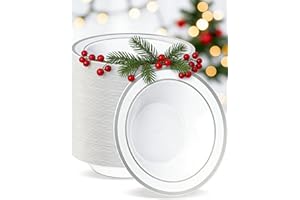 BESTVIP 100 Pack Plastic Disposable Soup Bowls, 12 oz White Dessert Bowls with Silver Rim, Heavy-duty Salad Bowl for Party, Wedding, Christmas, Thanksgiving, Dinner, Catering